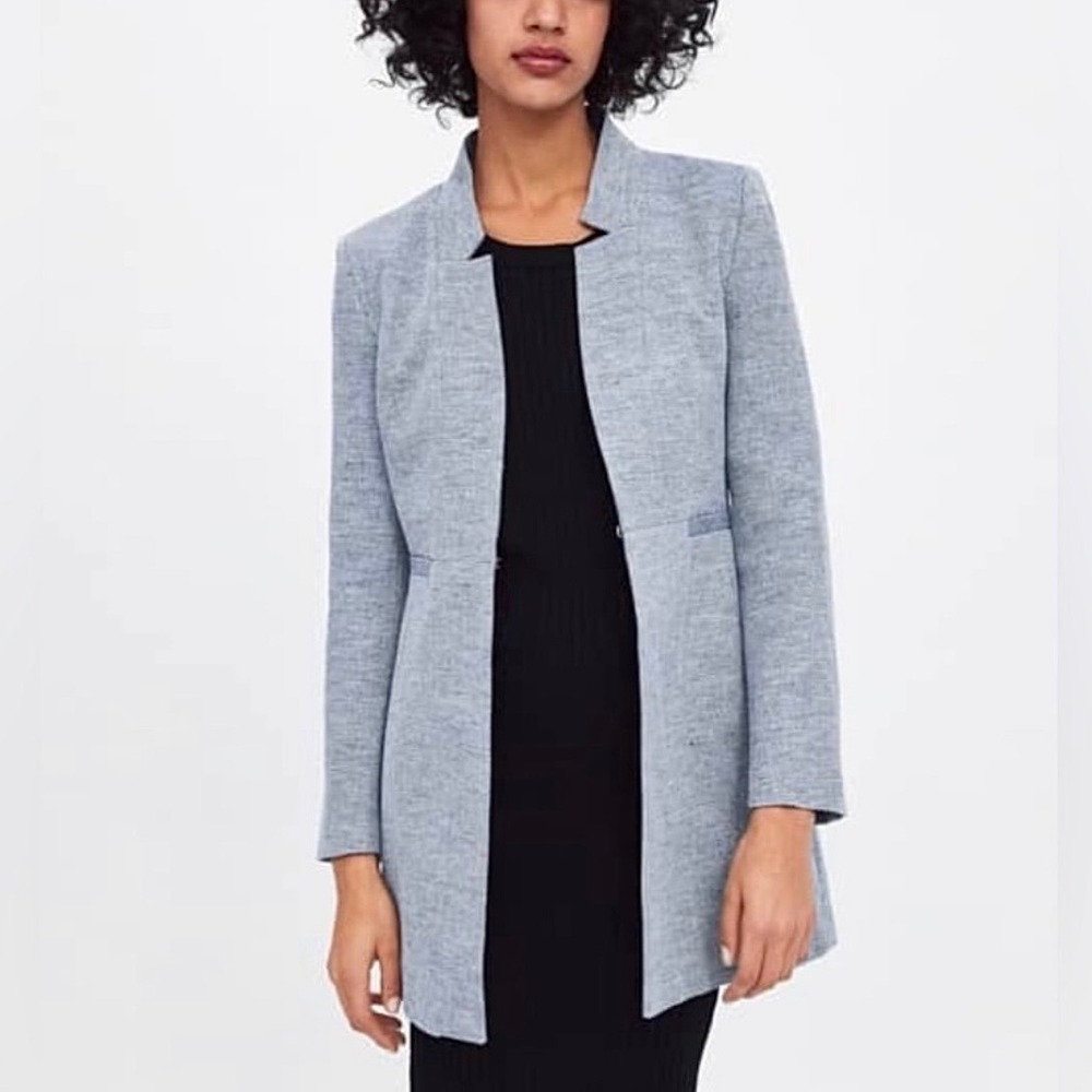 Zara Blue Inverted Lapel Collar Linen Blend Frock Coat Size Large